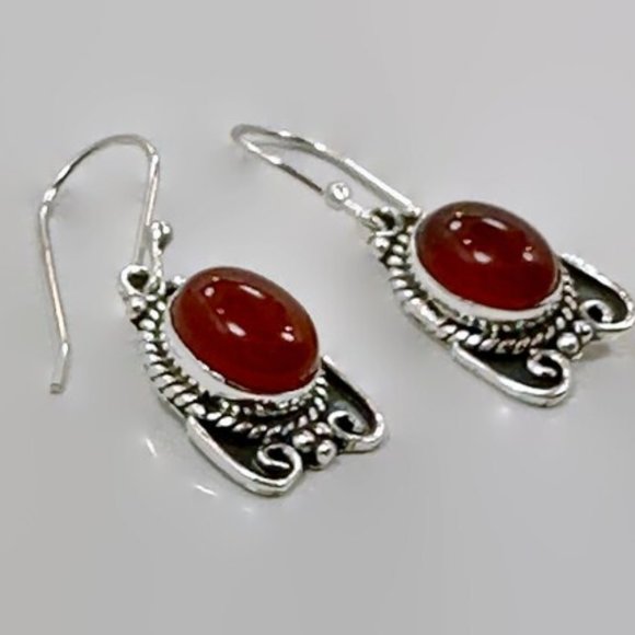 Red Carnelian  Earrings, Sterling Silver, Pierced, Red Stone, Dangle Earrings - Picture 3 of 4
